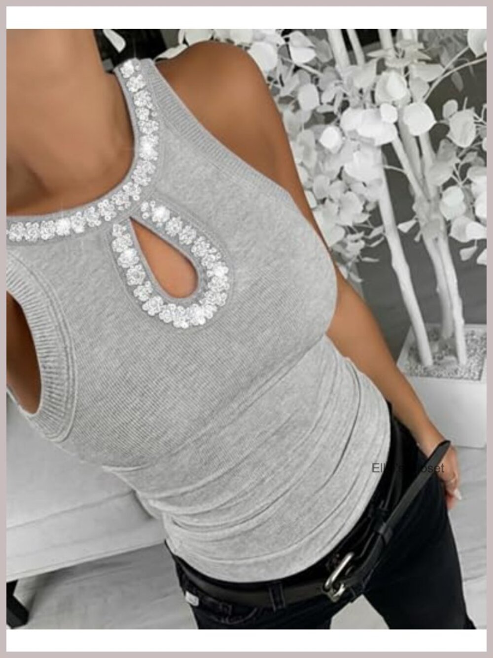 Women's Rhinestone Sequin Keyhole Tank Top Ribbed Stretch - Picture 5 of 6
